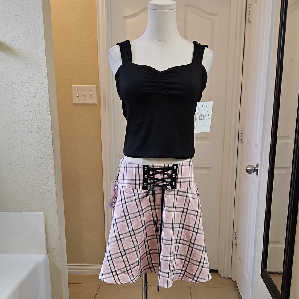 Bundle Set Top and Skirt Plaid Skater Mini Skirt with Tie Front Black Crop Top